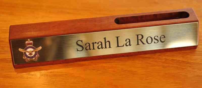 Red gum desk plate with card holder printed and engraved